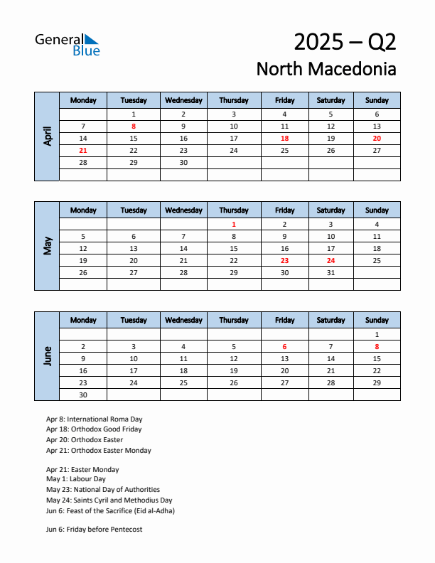 Free Q2 2025 Calendar for North Macedonia - Monday Start
