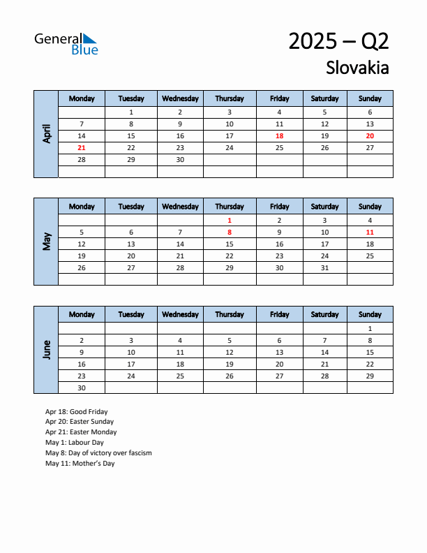 Free Q2 2025 Calendar for Slovakia - Monday Start