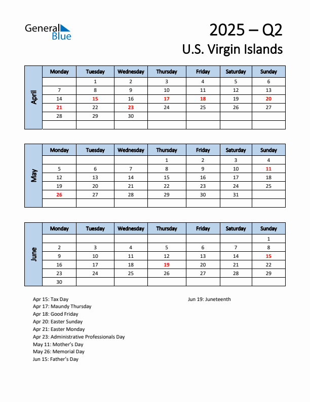 Free Q2 2025 Calendar for U.S. Virgin Islands - Monday Start