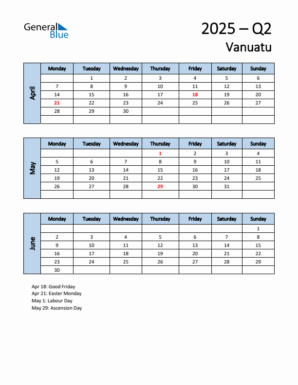 Free Q2 2025 Calendar for Vanuatu - Monday Start