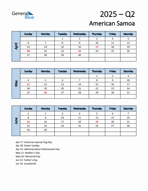 Free Q2 2025 Calendar for American Samoa - Sunday Start