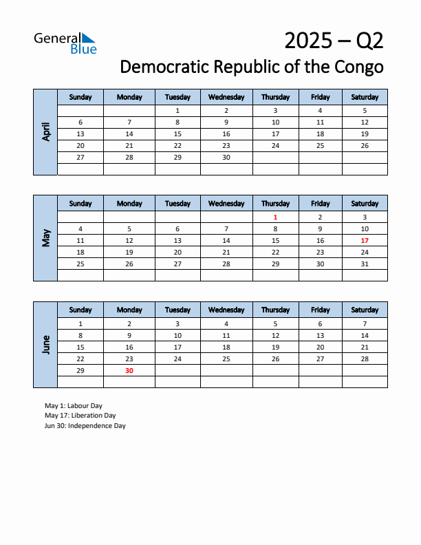 Free Q2 2025 Calendar for Democratic Republic of the Congo - Sunday Start