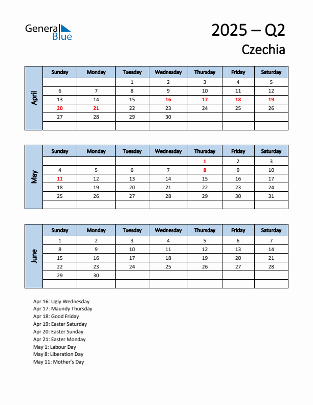 Free Q2 2025 Calendar for Czechia - Sunday Start