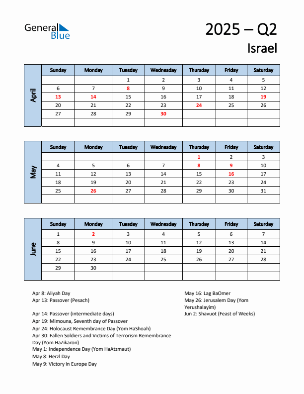 Free Q2 2025 Calendar for Israel - Sunday Start