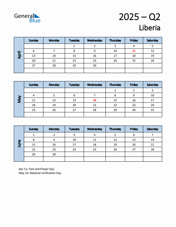Free Q2 2025 Calendar for Liberia - Sunday Start