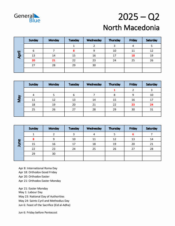 Free Q2 2025 Calendar for North Macedonia - Sunday Start