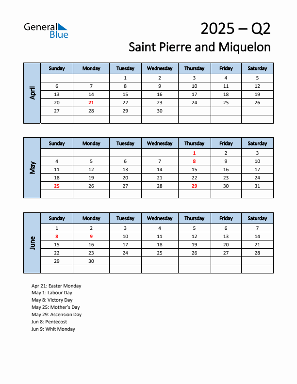 Free Q2 2025 Calendar for Saint Pierre and Miquelon - Sunday Start