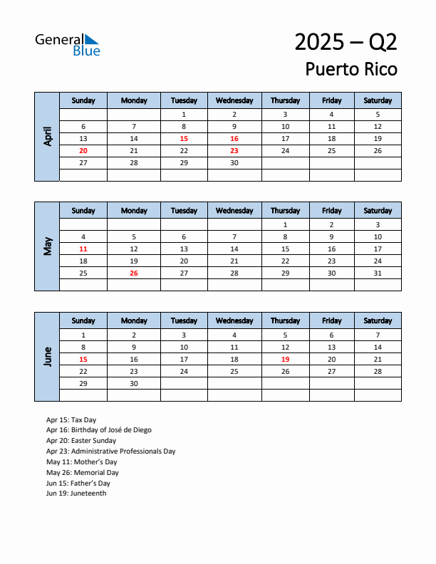 Free Q2 2025 Calendar for Puerto Rico - Sunday Start