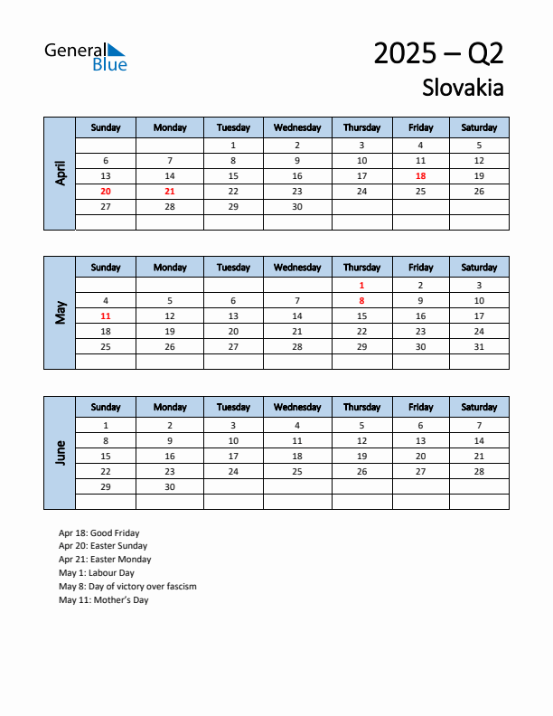 Free Q2 2025 Calendar for Slovakia - Sunday Start