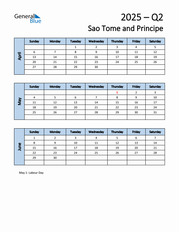Free Q2 2025 Calendar for Sao Tome and Principe - Sunday Start