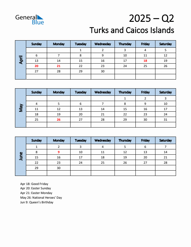 Free Q2 2025 Calendar for Turks and Caicos Islands - Sunday Start