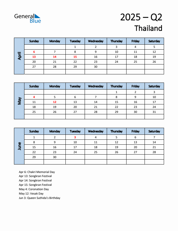 Free Q2 2025 Calendar for Thailand - Sunday Start
