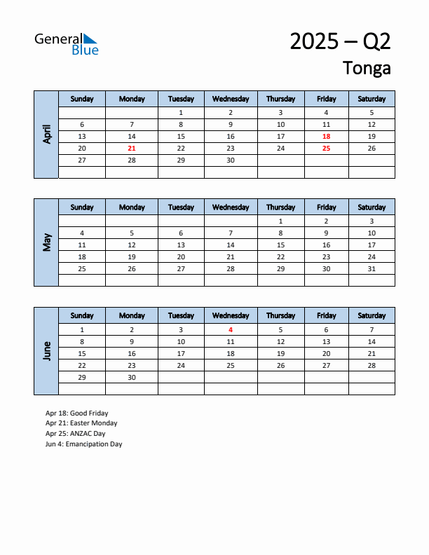 Free Q2 2025 Calendar for Tonga - Sunday Start