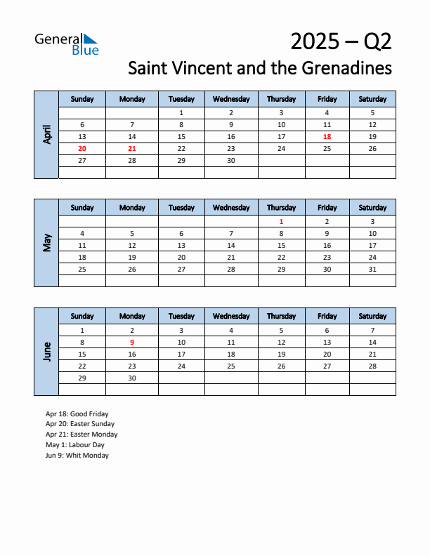 Free Q2 2025 Calendar for Saint Vincent and the Grenadines - Sunday Start