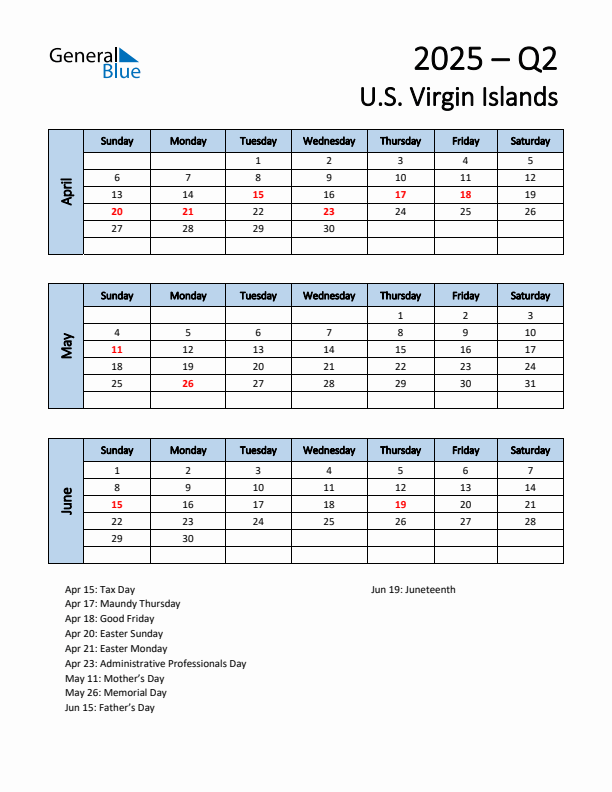 Free Q2 2025 Calendar for U.S. Virgin Islands - Sunday Start