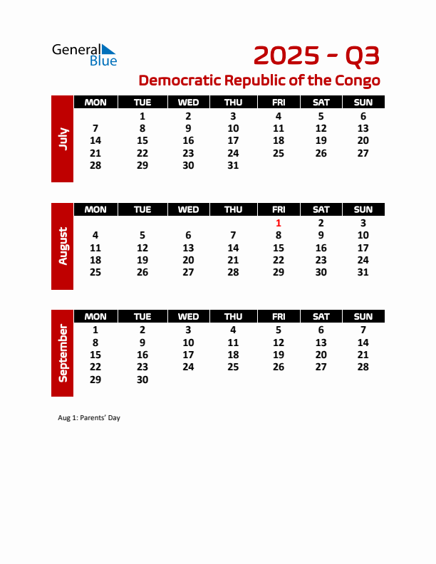 Q3 2025 Calendar with Holidays in Democratic Republic of the Congo