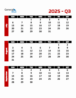 Quarter 3  2025 calendar template