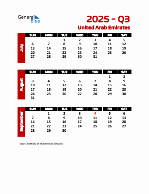 United Arab Emirates Quarter 3  2025 calendar template