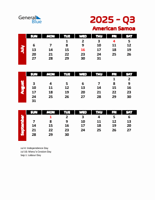 American Samoa Quarter 3  2025 calendar template
