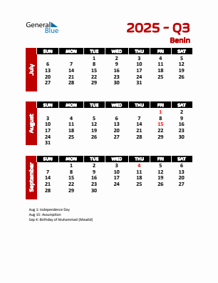 Benin Quarter 3 2025 calendar template