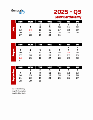 Saint Barthelemy Quarter 3 2025 calendar template