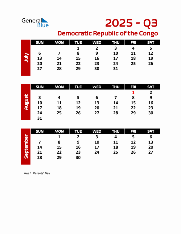 Q3 2025 Calendar with Holidays in Democratic Republic of the Congo