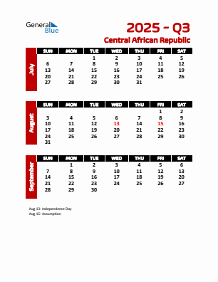 Central African Republic Quarter 3  2025 calendar template