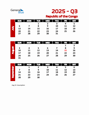 Republic of the Congo Quarter 3  2025 calendar template
