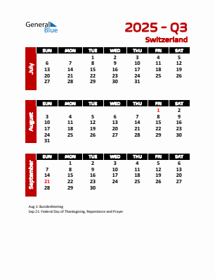 Switzerland Quarter 3  2025 calendar template