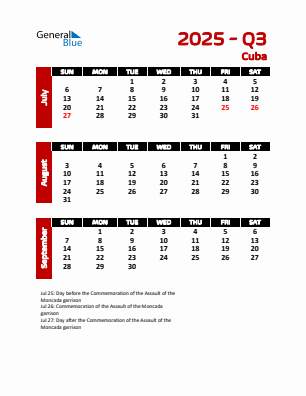 Cuba Quarter 3  2025 calendar template