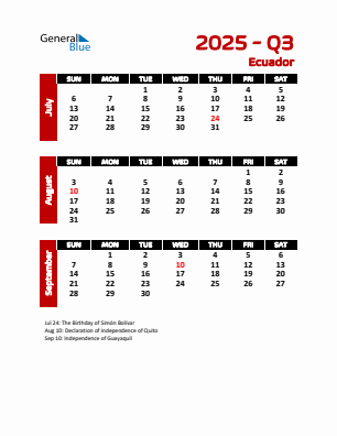Ecuador Quarter 3  2025 calendar template