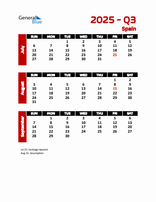 Spain Quarter 3  2025 calendar template