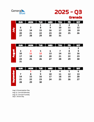 Grenada Quarter 3  2025 calendar template