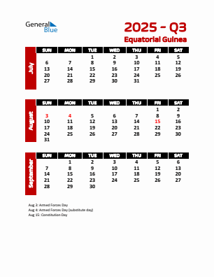 Equatorial Guinea Quarter 3  2025 calendar template