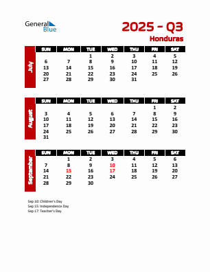 Honduras Quarter 3  2025 calendar template
