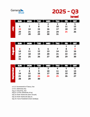 Israel Quarter 3  2025 calendar template