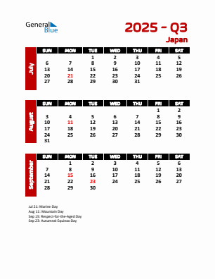 Japan Quarter 3  2025 calendar template