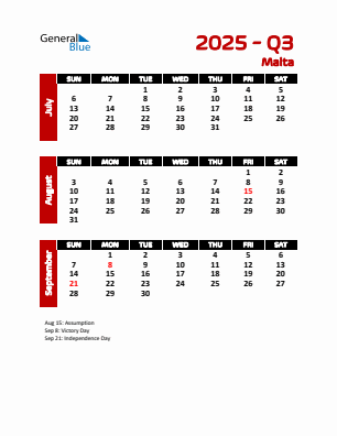 Malta Quarter 3  2025 calendar template
