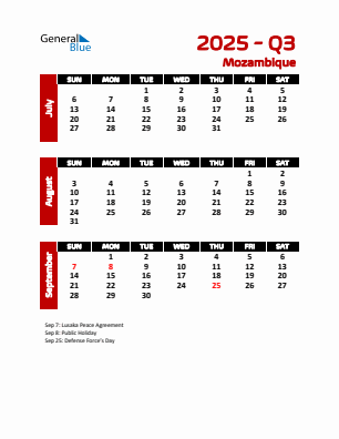 Mozambique Quarter 3  2025 calendar template