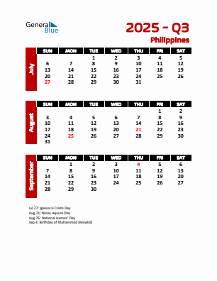 Philippines Quarter 3 2025 calendar template