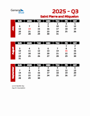 Saint Pierre and Miquelon Quarter 3  2025 calendar template