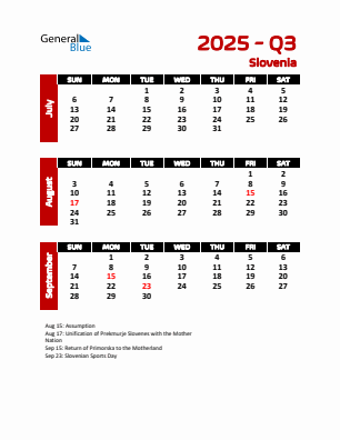 Slovenia Quarter 3 2025 calendar template
