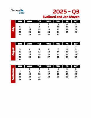 Svalbard and Jan Mayen Quarter 3 2025 calendar template