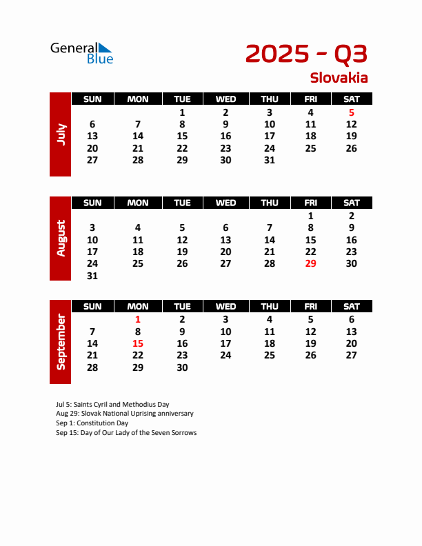 Q3 2025 Calendar with Holidays in Slovakia