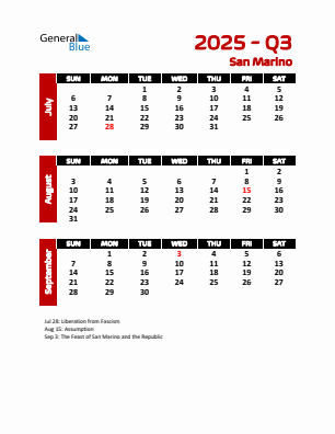 San Marino Quarter 3 2025 calendar template
