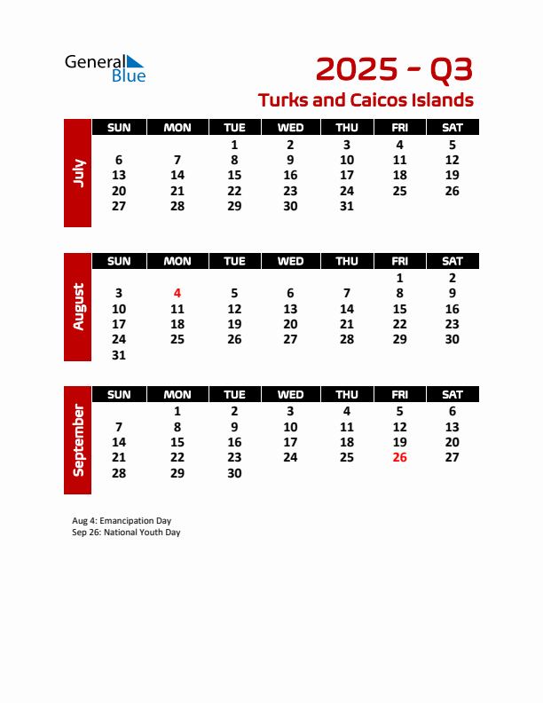 Q3 2025 Calendar with Holidays in Turks and Caicos Islands