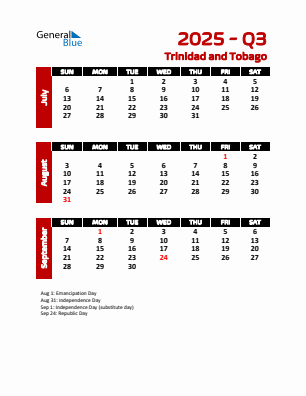 Trinidad and Tobago Quarter 3  2025 calendar template
