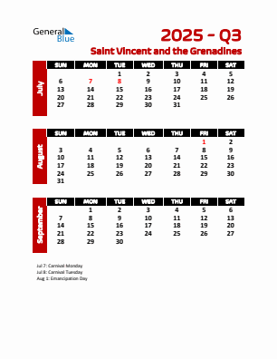 Saint Vincent and the Grenadines Quarter 3  2025 calendar template