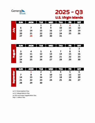 U.S. Virgin Islands Quarter 3  2025 calendar template