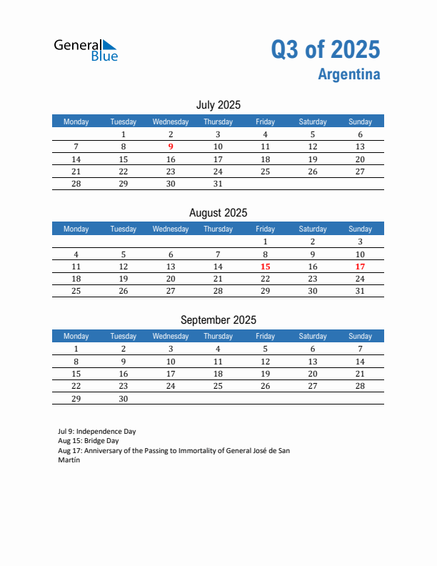 Argentina Q3 2025 Quarterly Calendar with Monday Start